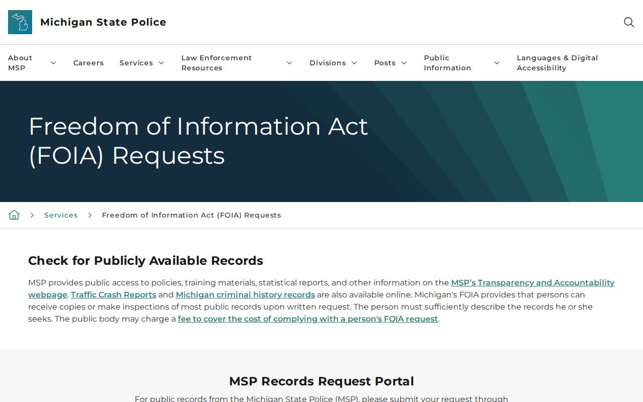 Michigan State Police record request information for Chippewa County researchers