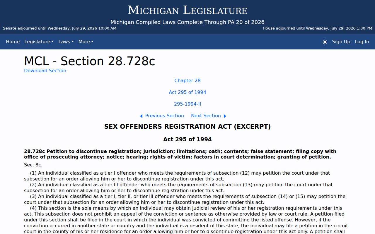 Michigan law governing public Chippewa County sex offender registry information