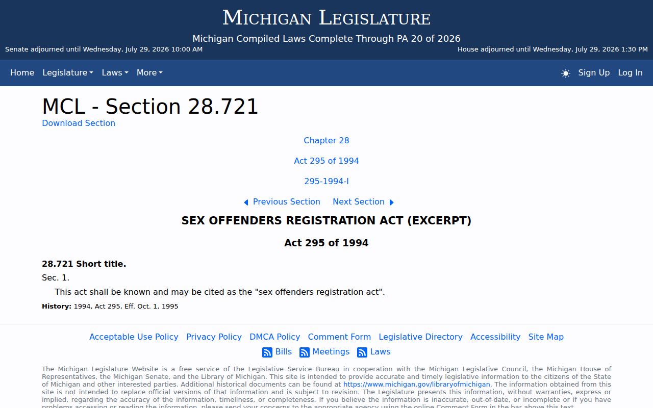 Michigan Sex Offenders Registration Act for Chippewa County registry duties